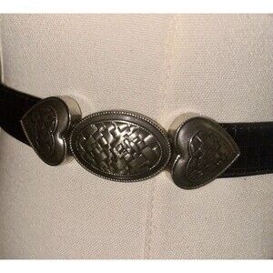 Coldwater Creek Leather Embossed Snake Print Silver Hearts Hipslung Belt 27"-34"
